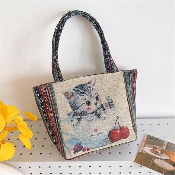 Cat Embroidery Canvas Beige Tote Bag Casual - Picture 1 of 3